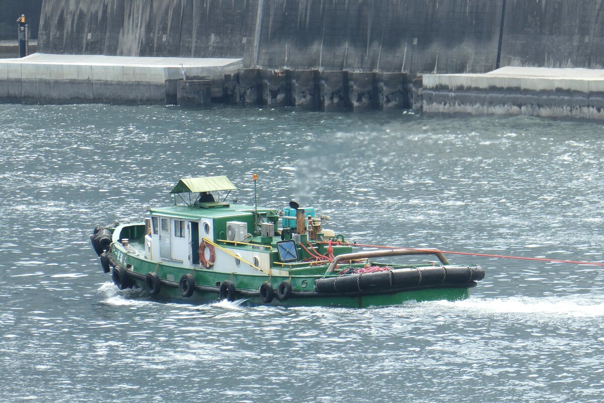 Das binnen schleppboot  Eishin Maru Nr.11  (第十一栄進丸) schleppt einen Lastkahn auf dem Sumida-Fluss, 24.Juni.2024.