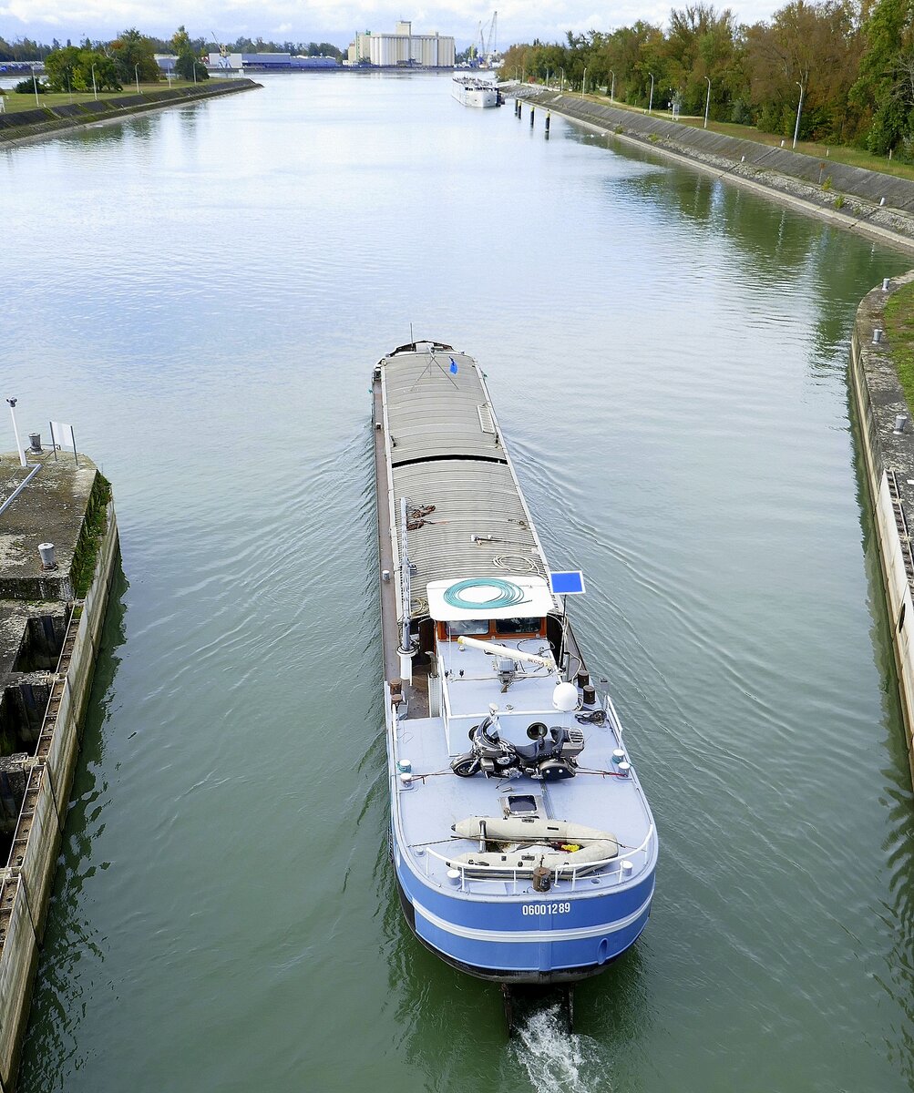 GMS Serjos, verläßt die Schleuse Vogelgrün/Elsaß rheinabwärts, Okt.2024