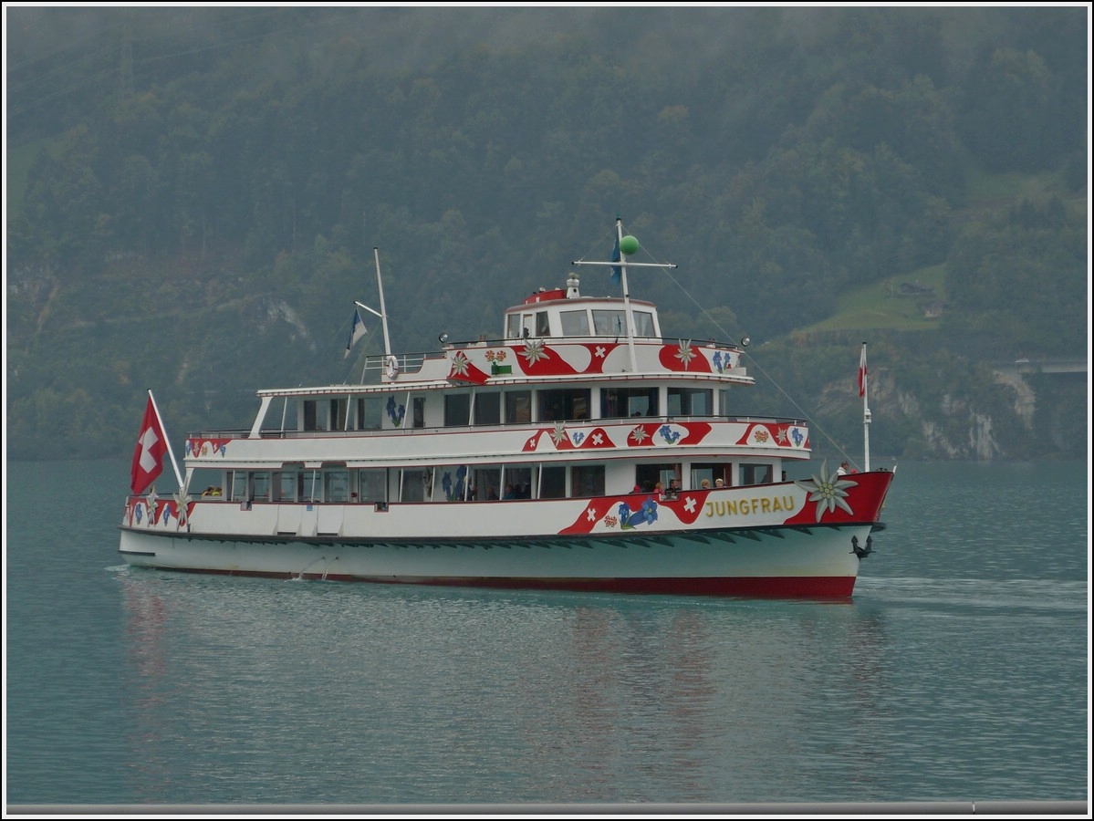  MS Jungfrau (Fassungsvermgen 700 Personen, Besatzung drei Mann, erbaut 1954, L 48 m, B 10,50 m, gebaut von der Bodanwerft in Kressbronn), aufgenommen nahe dem Bahnhof von Brienz whrend es rckwrts die Anlegestelle verlsst.  30.09.2013  