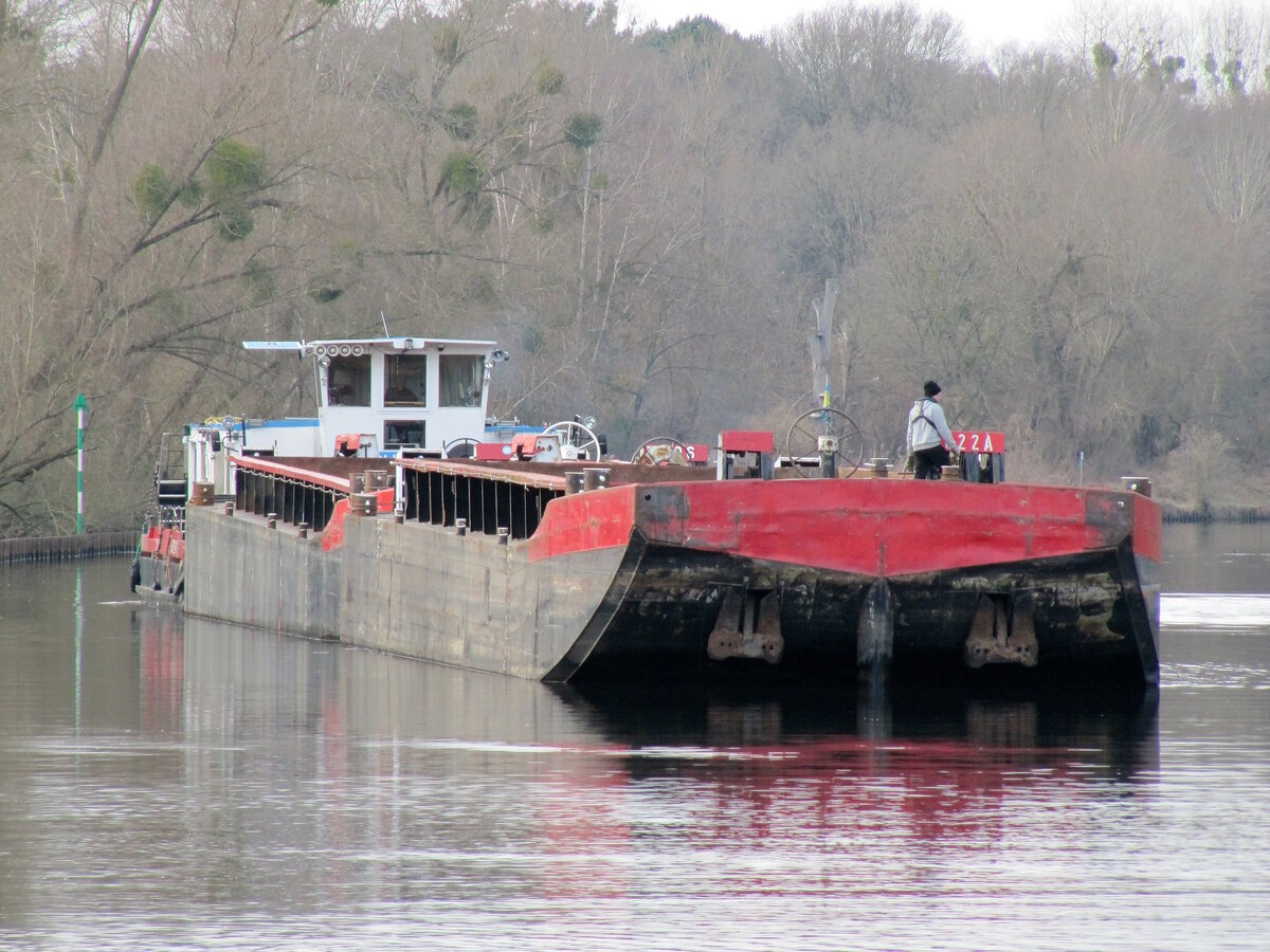 Zwei je 32,50m lange Leichter wurden am 30.01.2024 vom Schubboot  SCH 2408  (05602690 , 16,49 x 8,15m) im  TELTOWKANAL  zu Berg geschoben. Hier kurz vor der Schleuse Kleinmachnow.