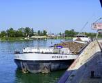 GMS Wendelin, im Rheinhafen von Breisach, L=105m, Tonnage 1903t, 1350PS, Baujahr 1984, Heimathafen Edingen/Neckar, Aug.2024