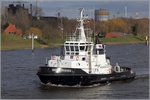 Die 1993 gebaute BREMERHAVEN (IMO 9045871) ist am 23.03.2016 Höhe Bremen-Mittelsbüren weserabwärts unterwegs. Dieser URAG-Schlepper ist 31,35 m lang, 10 m breit, hat eine Maschinenleistung von 3.200 kW und einen Pfahlzug von 46 t. Heimathafen ist Bremerhaven.