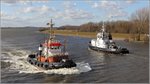 Die Schlepper MARS (IMO 8116702) der Bugsier und BREMERHAVEN (IMO 9045871) der URAG begegnen sich auf der Unterweser in Bremen. 23.03.2016 