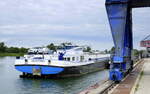 GMS Destino, angelegt im Hafen von Breisach am Rhein, gemeldet in Niederlande, L=110m, Tonnage 2915t, 2x1014PS, Baujahr 2002, Juni 2024