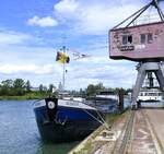 GMS Wijnanda, im Hafen von Breisach am Rhein, L=55m, Tonnage 515t, 370PS, Baujahr 1958, fährt unter Niederländischer Flagge, Juni 2024