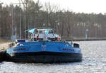 TMS  MARCEL DEYMANN  (02325307 , 105 x 9m) lag am 01.02.2024 im Oberwasser der Schleuse Zerben  /  ELBE HAVEL KANAL.  Das TMS hat Ladung am Tankwagen abgegeben.