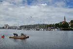 Dieser einsame Ponton war im Hafen von Flensburg zu sehen, dahinter der Yachthafen. (Juni 2024)
