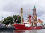 Feuerschiff ELBE 1 hat whrend des Hafenfestes im Neuen Hafen von Bremerhaven festgemacht. Im Hintergrund ist der Loschenturm, das Oberfeuer Bremerhaven zu sehen. Heimathafen von ELBE 1 ist Cuxhaven. Aufnahmedatum: 20.07.2008.