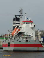 LOIREBORG (IMO 9399404)am 10.4.2023 im NOK Höhe Hafen Rendsburg, Detail: Aufbau mit Schonsteinmarke „Wagenborg Shipping BV, Delfzijl, NL „ /  Mehrzweckfrachter / BRZ 4.695 / Lüa