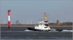 Die 1983 gebaute PARAT (IMO 8128212) der Schramm Group am 02.04.2013 auf der Weser Hhe Unterfeuer Imsum. Sie ist 28 m lang, 9 m breit und hat einen Pfahlzug von 32 t. Heimathafen ist Hamburg.